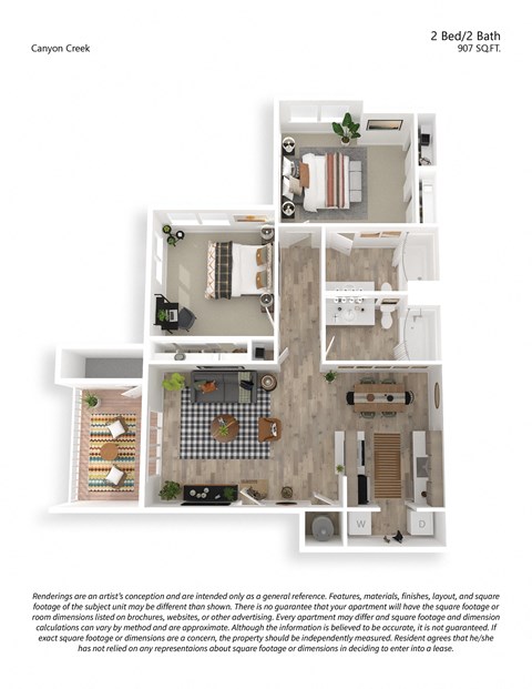 2x2 907sf Floor Plan at Canyon Creek, Wilsonville, OR